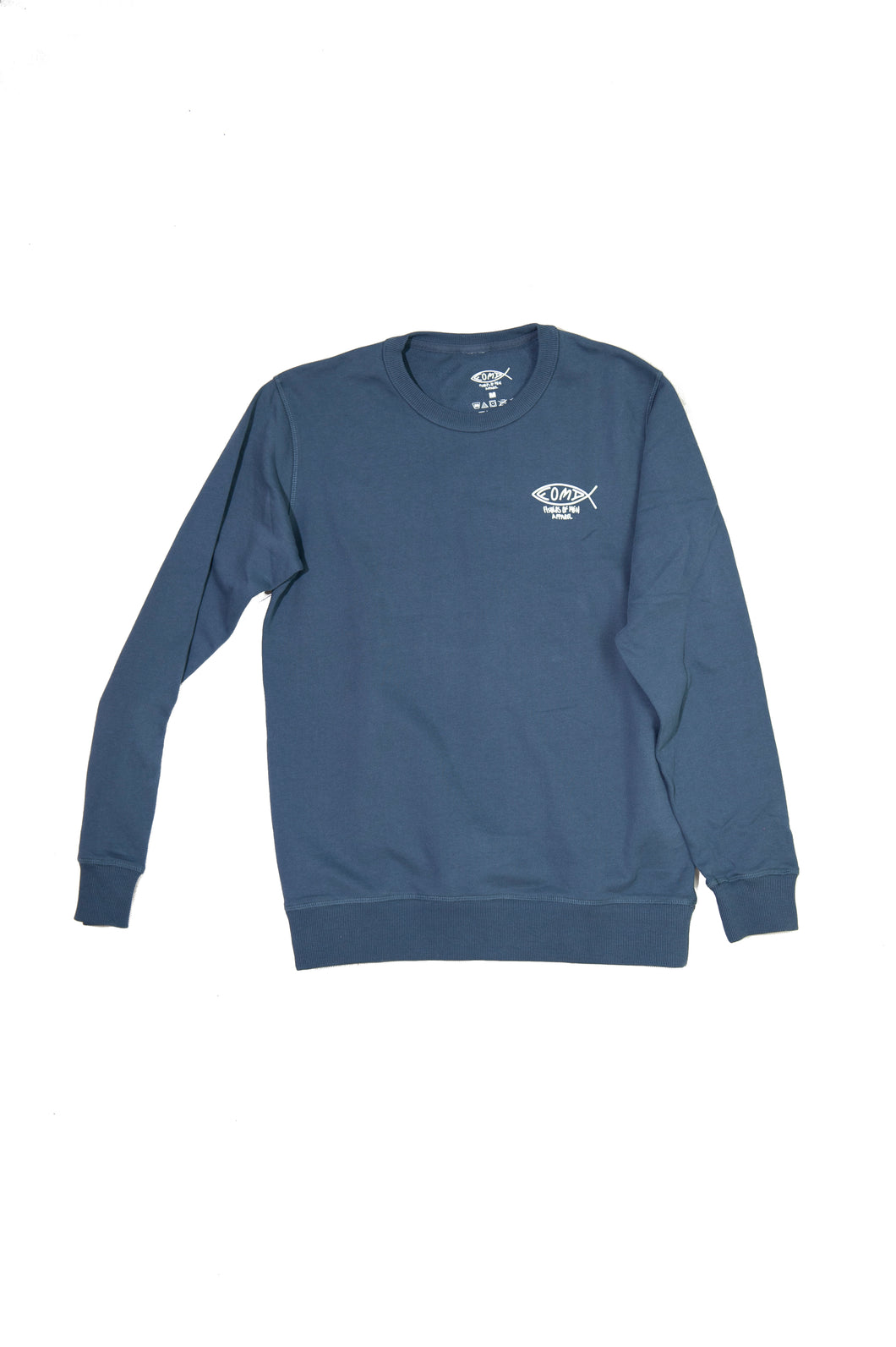 The image is of a faded navy blue crewneck sweatshirt. The front of the crewneck has the company logo of FOMA on it, which is a fish symbol with FOMA written inside, and 