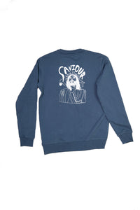 The image is of a faded navy blue crewneck sweatshirt that has "Saviour" written across it, with an image of Jesus Christ in the centre. The design is white in colour.